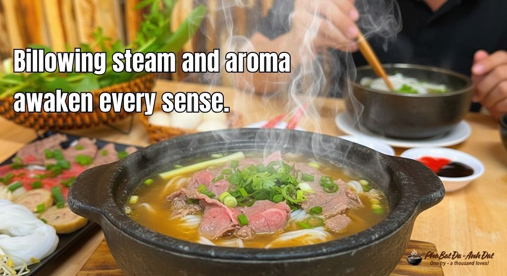 12. Steam rises from the stone bowl beef pho catching the eye and awakening the taste buds inviting you to dive in right away