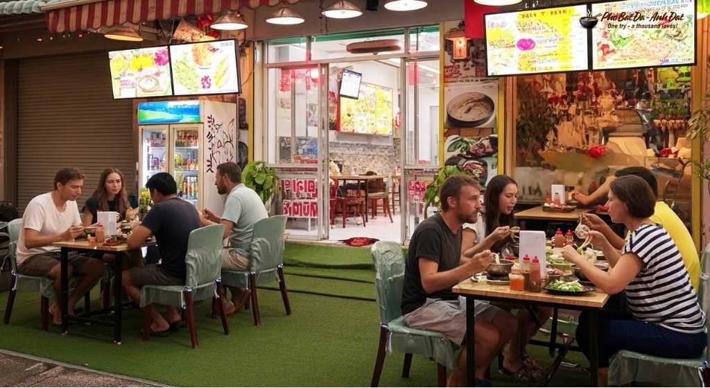 3. A lively atmosphere as international guests excitedly enjoy hot pho at the table while watching the street go by