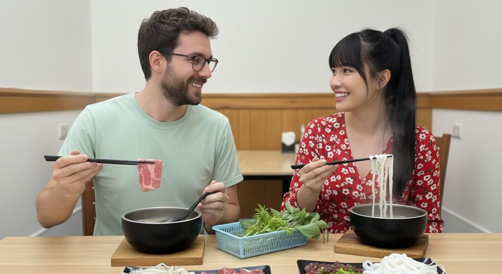 A couple sharing smiles and conversation while enjoying a delicious Vietnamese meal