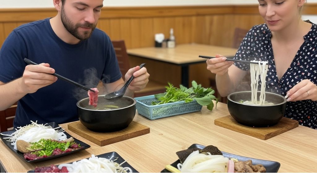 A joyful moment as visitors enjoy flavorful stone bowl beef pho creating a memorable Vietnamese dining
