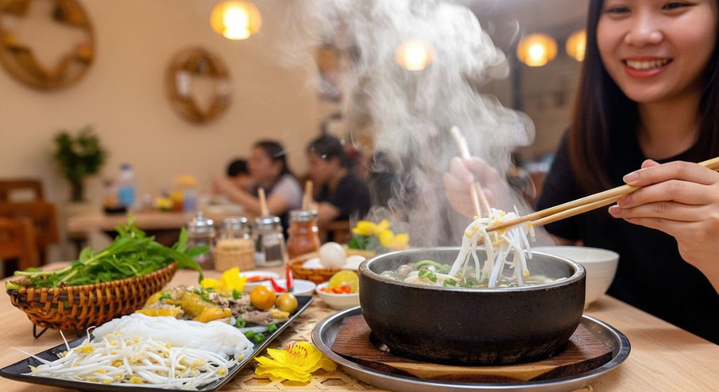 A steaming serving of stone bowl chicken pho with tender chicken and fresh herbs
