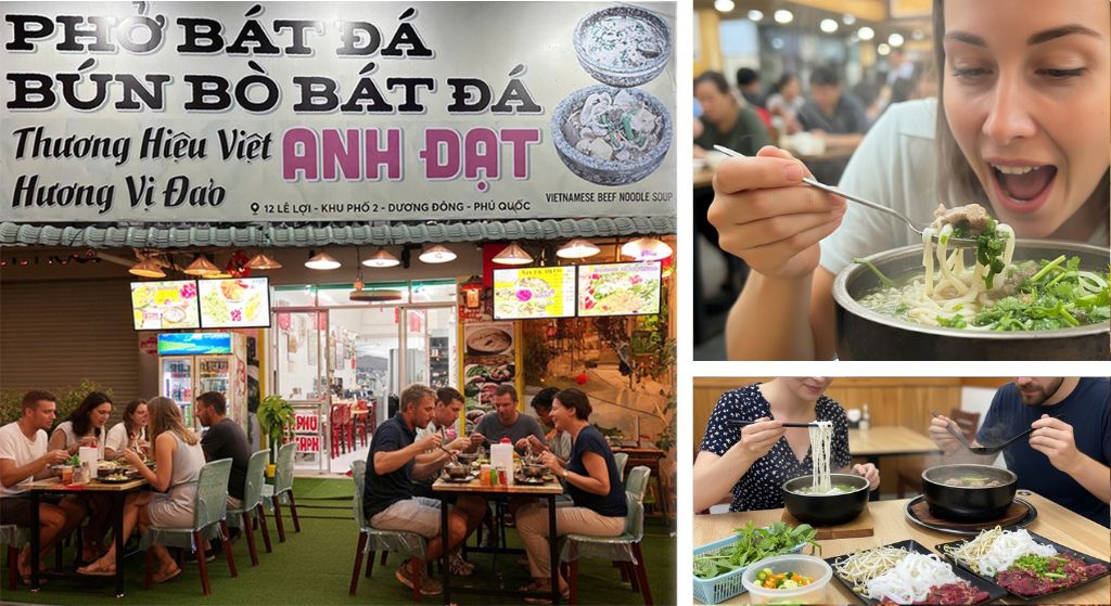 The storefront of our Restaurant Phu Quoc a popular local eatery serving authentic Vietnamese stone bowl pho